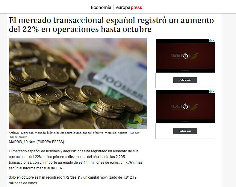 El mercado transaccional espaol registr un aumento del 22% en operaciones hasta octubre